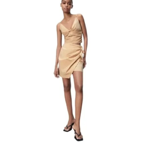 Zara Draped Pinstripe Asymmetric Bow Skirt in Beige Small - Picture 3 of 9